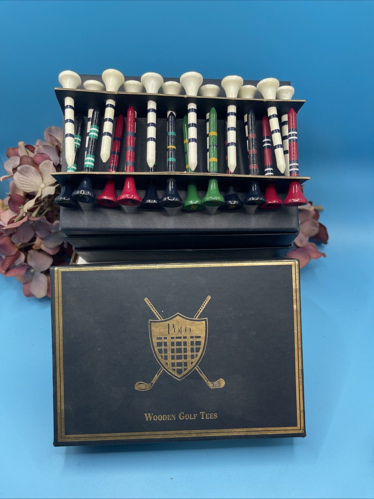 NIB Vintage Polo Ralph Lauren Golf Tees Box of 24 Wooden Multicolored Logo Tees