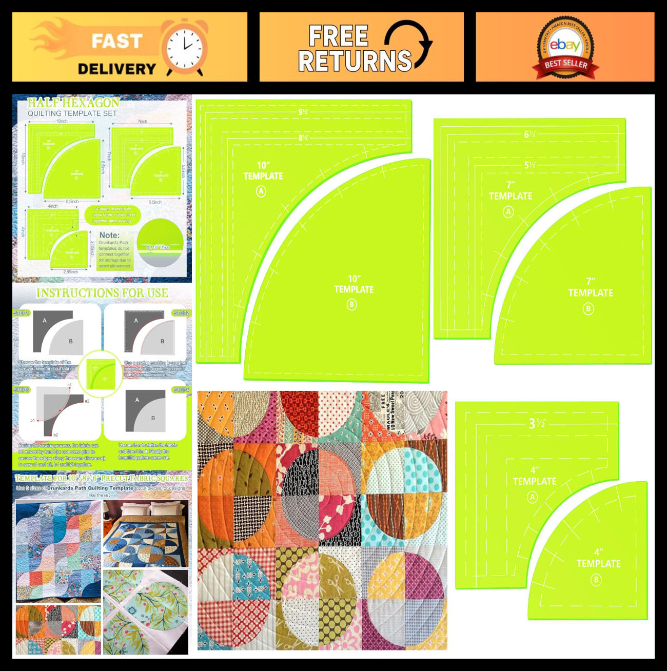 3 Set Drunkard's Path Quilting Templates - Large Rulers for Cutting Patterns, DI