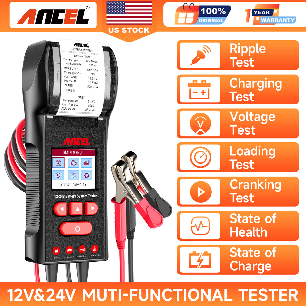 ANCEL BST600 Car Battery Tester For Boat 12V/24V Battery Temperature Load Tester
