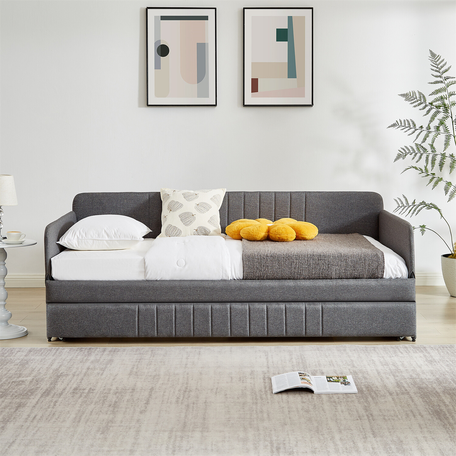 Twin Size Daybed Upholstered Bed Frame Sofa Bed with Trundle Bed Grey