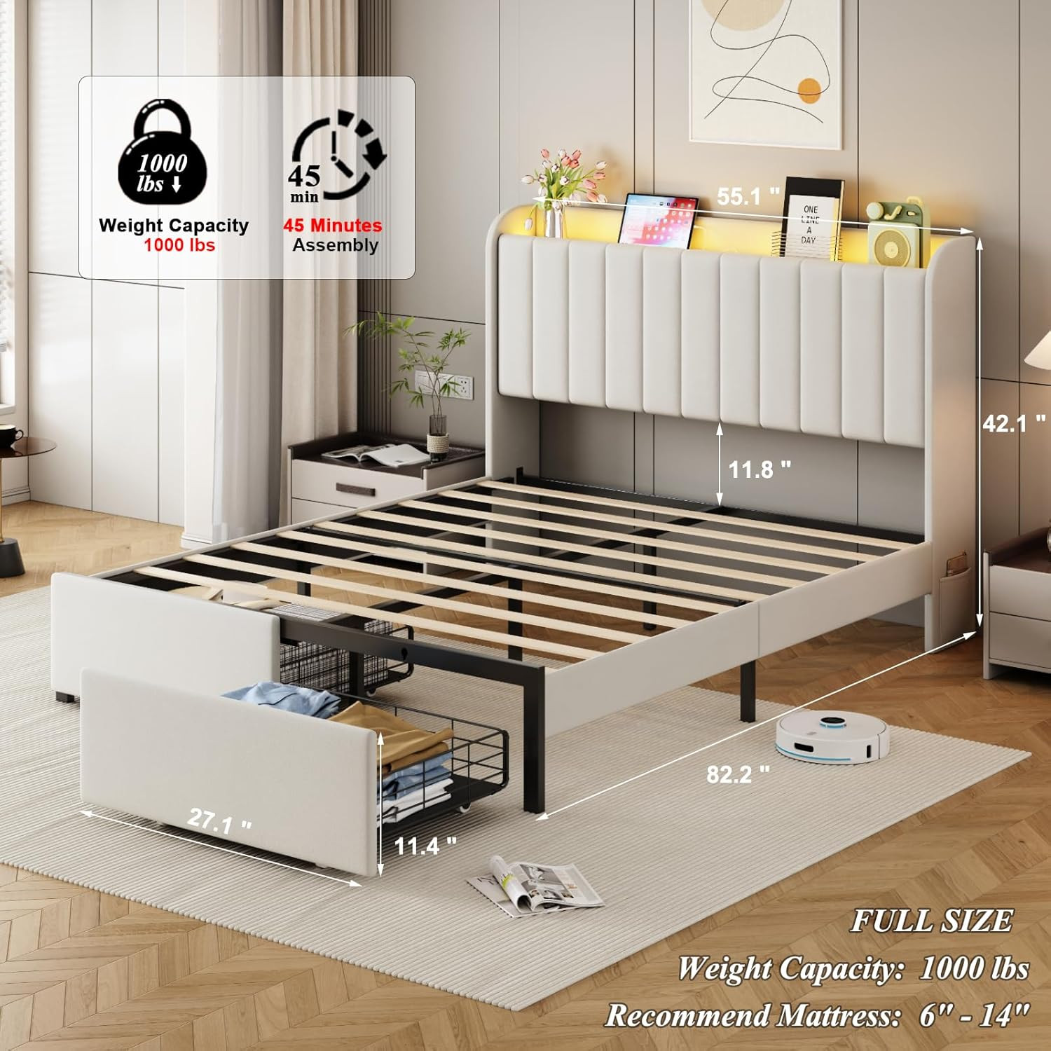 Full Size Bed Frames with Storage Headboard and 2 Drawers, Upholstered Platform
