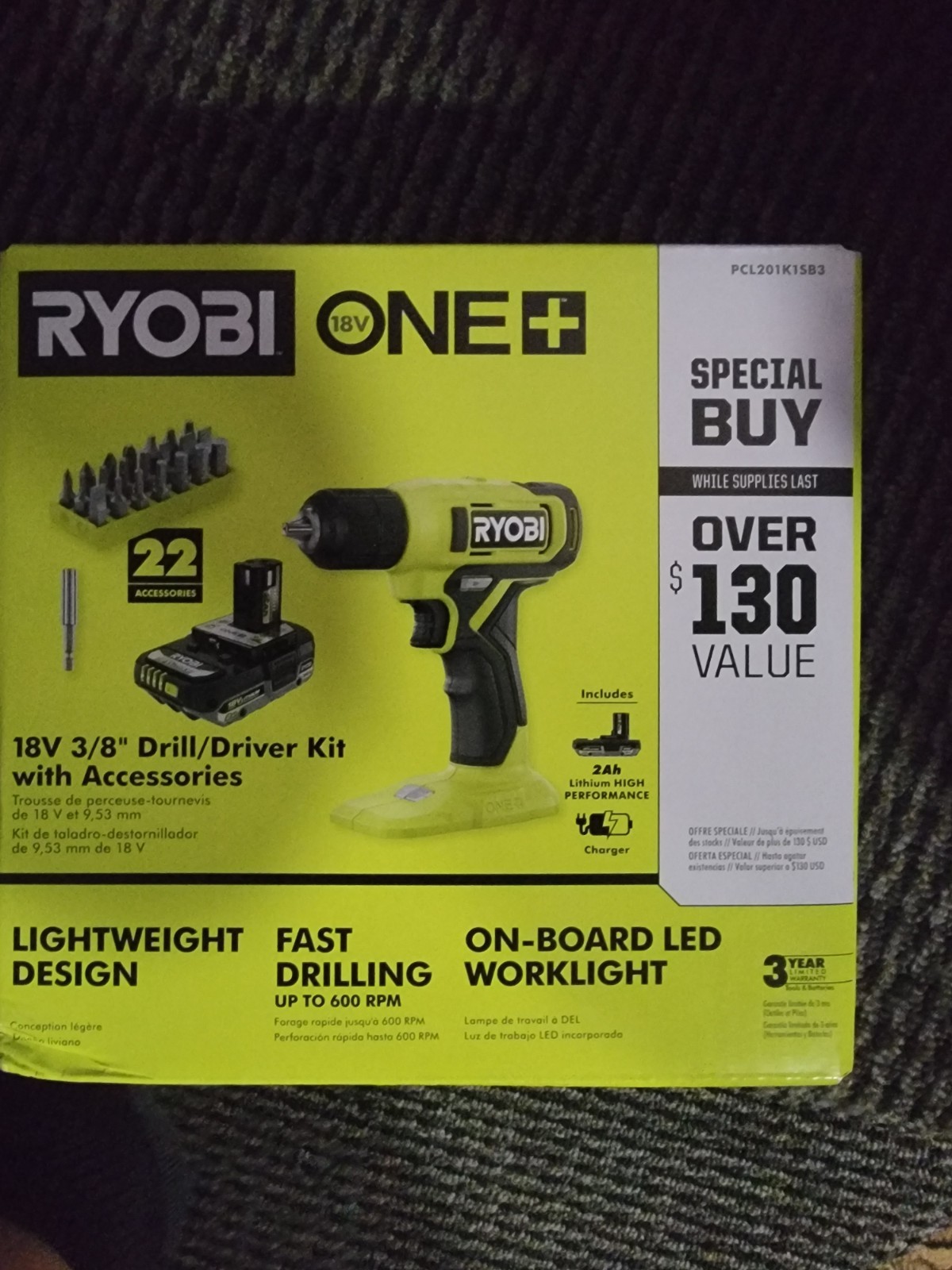 NEW Ryobi ONE+ 18V 3/8” Drill Driver Kit PCL201K1SB3 w/ Battery Charger Bits