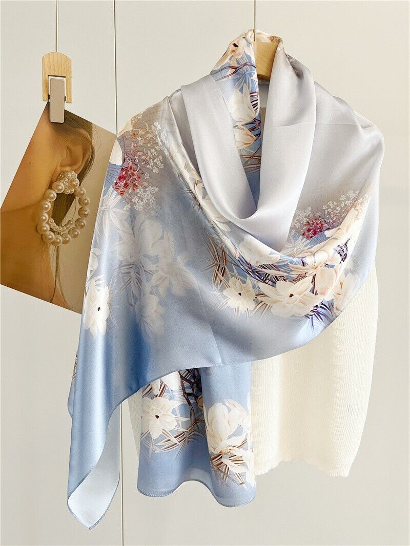 Pure Mulberry Satin Silk Shawl Neckerchief Flower Print Oblong Scarf 170cm Blue