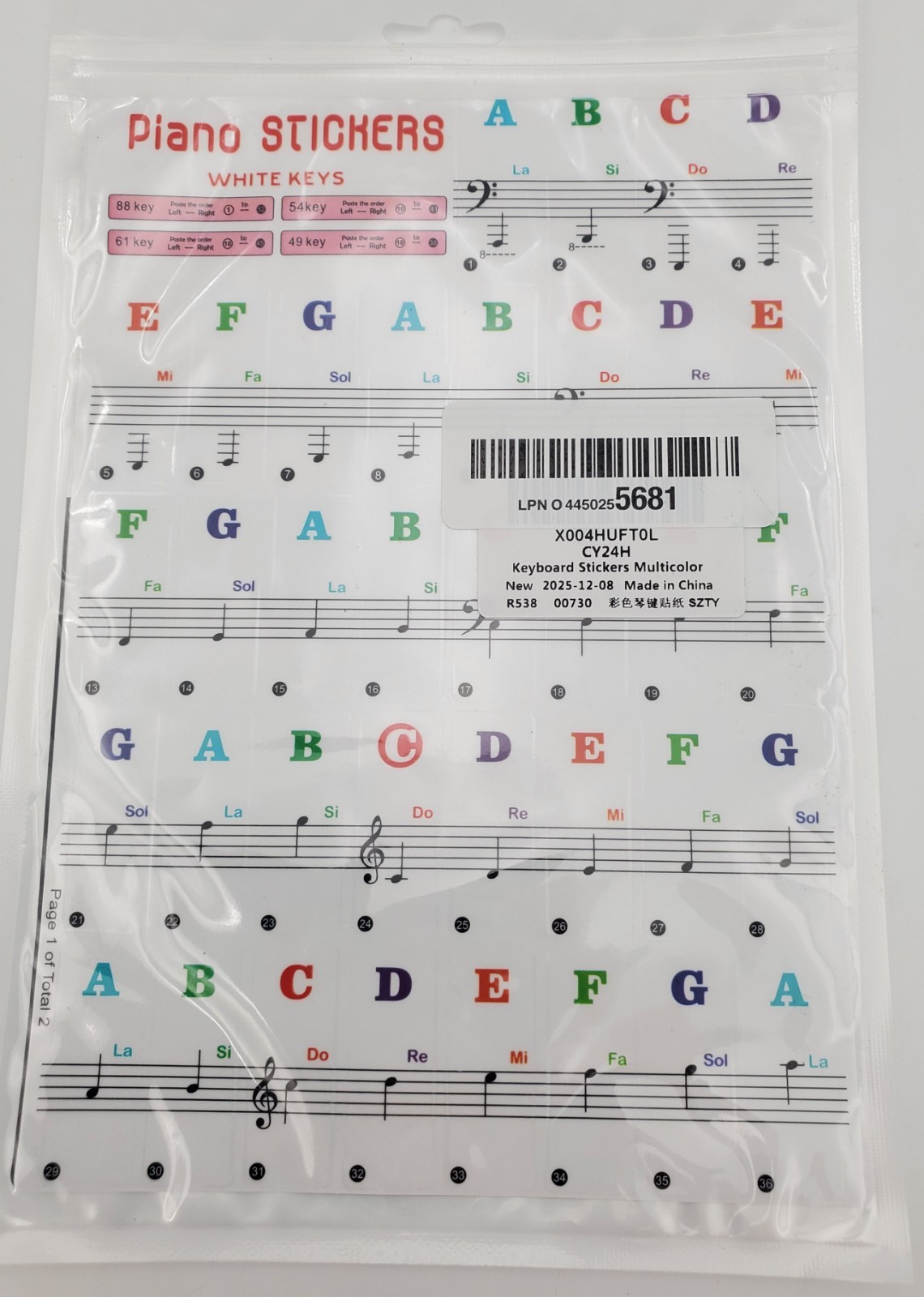 Piano Keyboard Stickers Note Letters & Chord Chart for 88/61/54/49 Key Keybo...