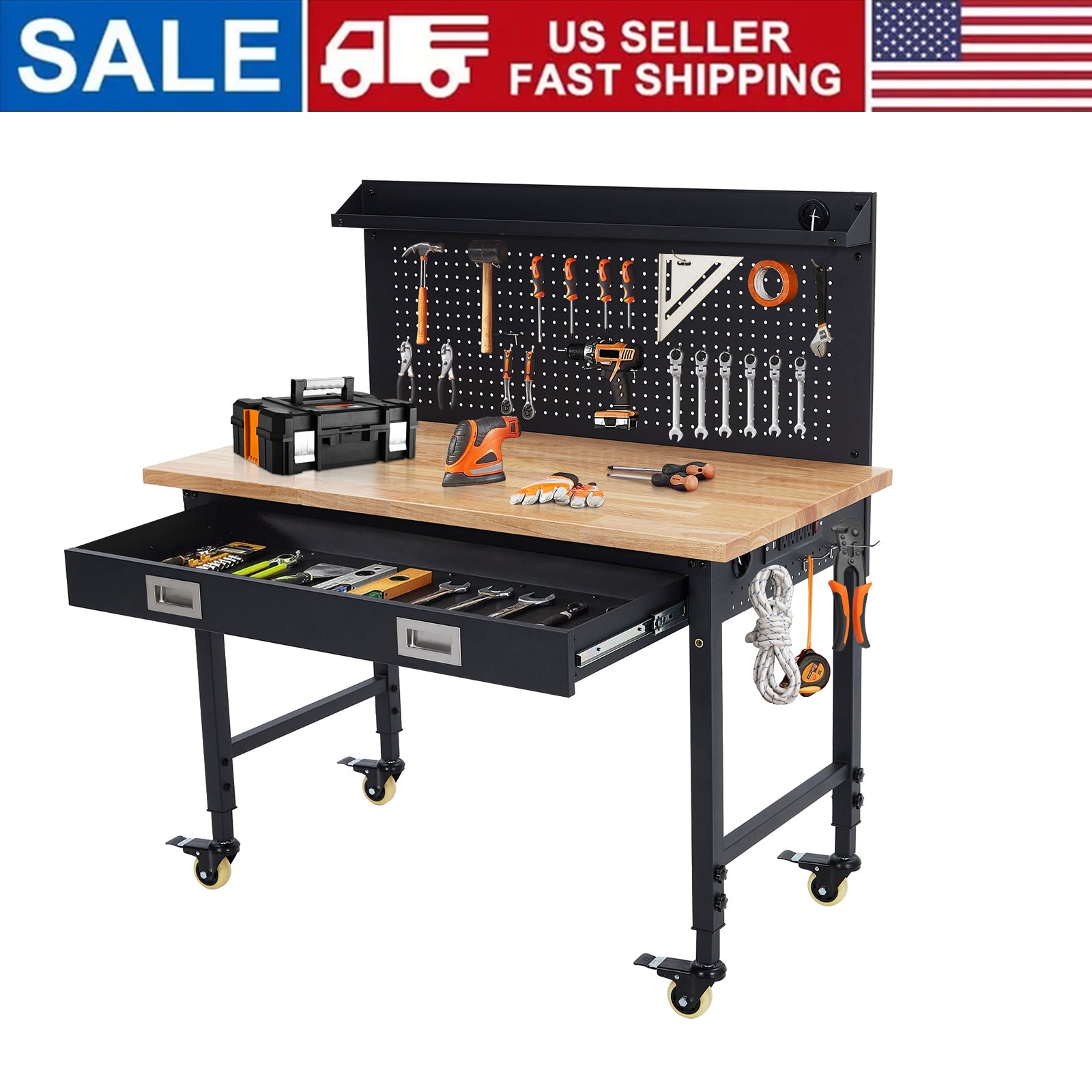 Adjustable Workbench with Drawer Storage, Rubber Wood Top Work Table for Garage