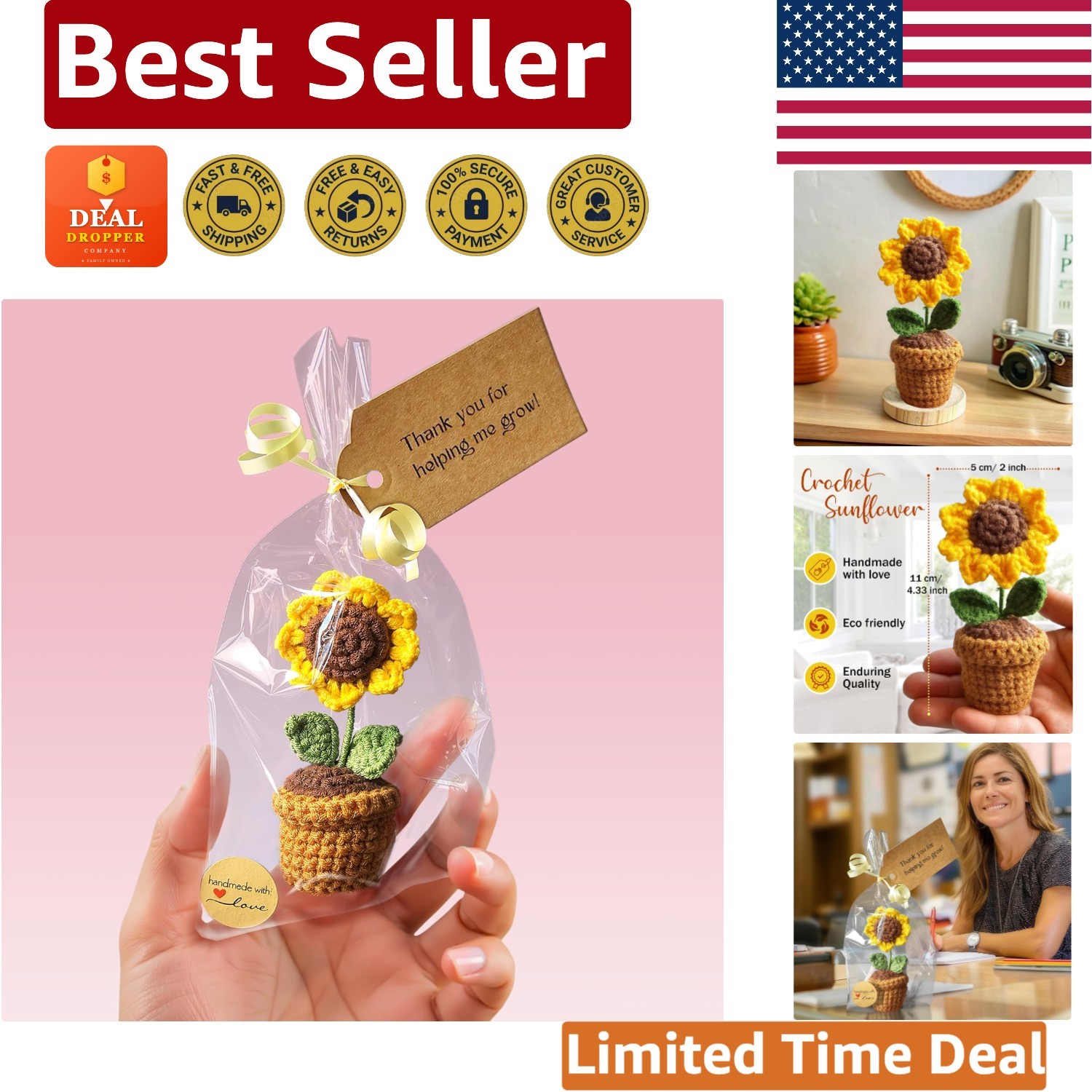 Handmade Crochet Sunflower Gift - Thank You for Helping Me Grow - Teacher's Gift