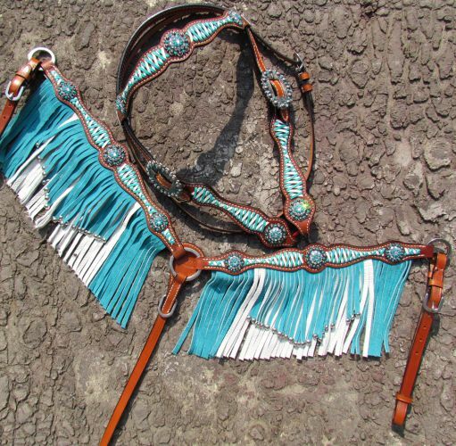 Western Saddle Horse Bling Turquoise Leather Tack Set Bridle + Breast Collar