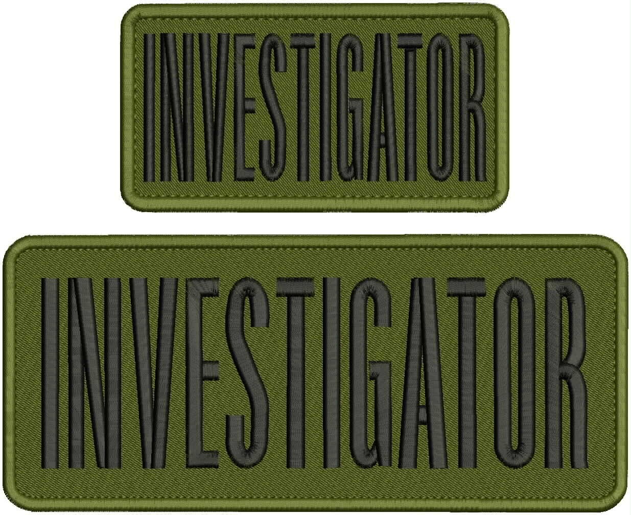 INVESTIGATOR  EMBROIDERY PATCHES 4X10 AND 3X6 HOOK ON BACK  BLACK ON OD GREEN