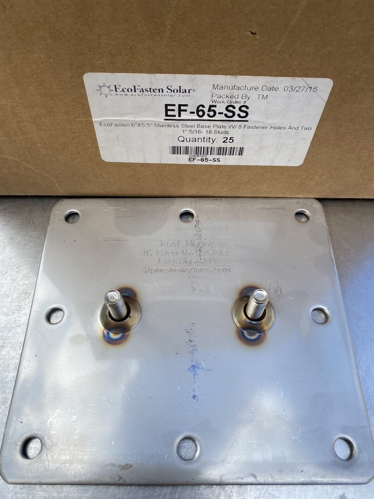 Lot Of 25 EcoFasten Alpine SnowGuard EF-65-SS Roof Mount Stainless Base Plate 6”