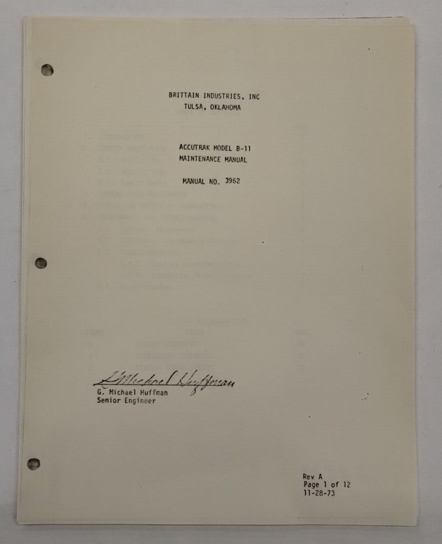 Brittain Industries Accutrak Model B-11 Maintenance Manual/ Manual No 3962 -Copy