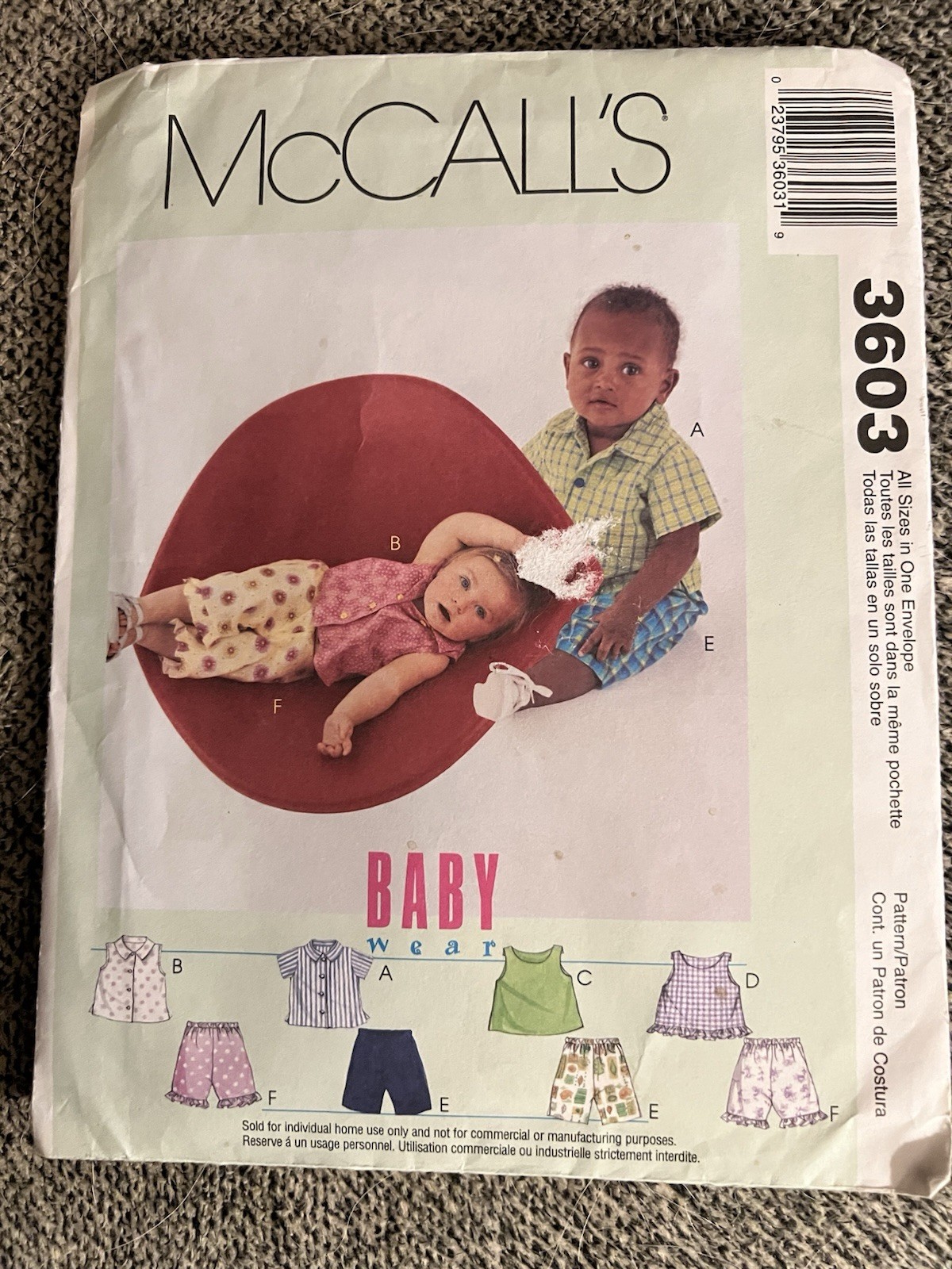McCall’s 3603 Babywear Sewing Pattern Infant Tops & Pull-On Pants All Size Uncut