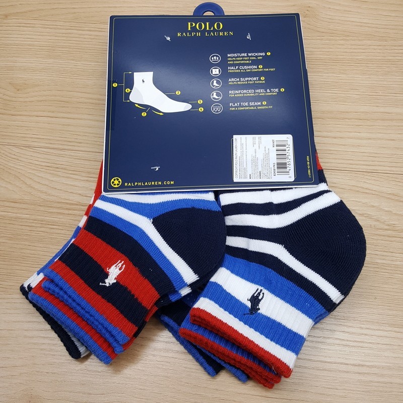 POLO RALPH LAUREN Quarter Ankle Socks Mens Red White Blue USA 6-Pack Performance