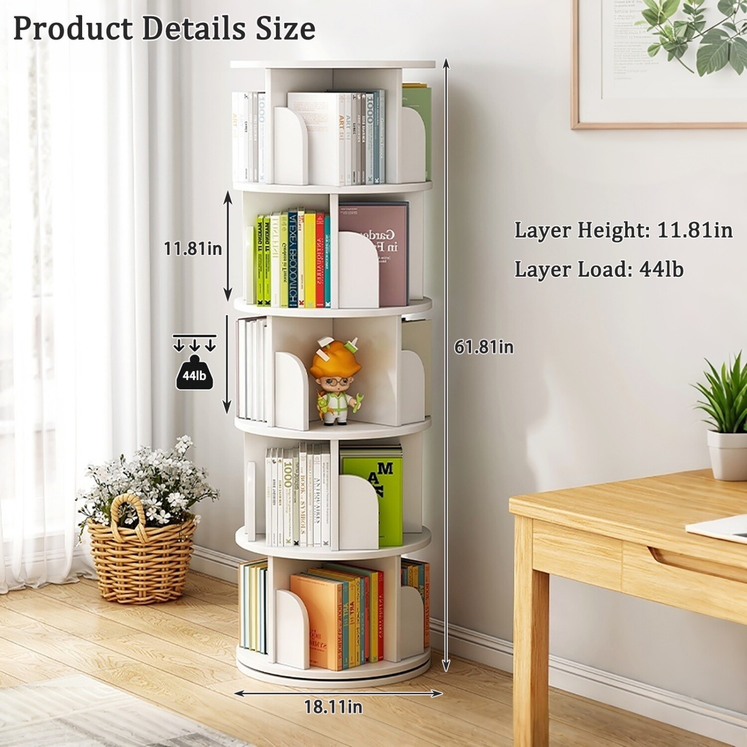 5 Tier 360° Rotating Bookshelf Freestanding Bookcase Storage Display Rack White