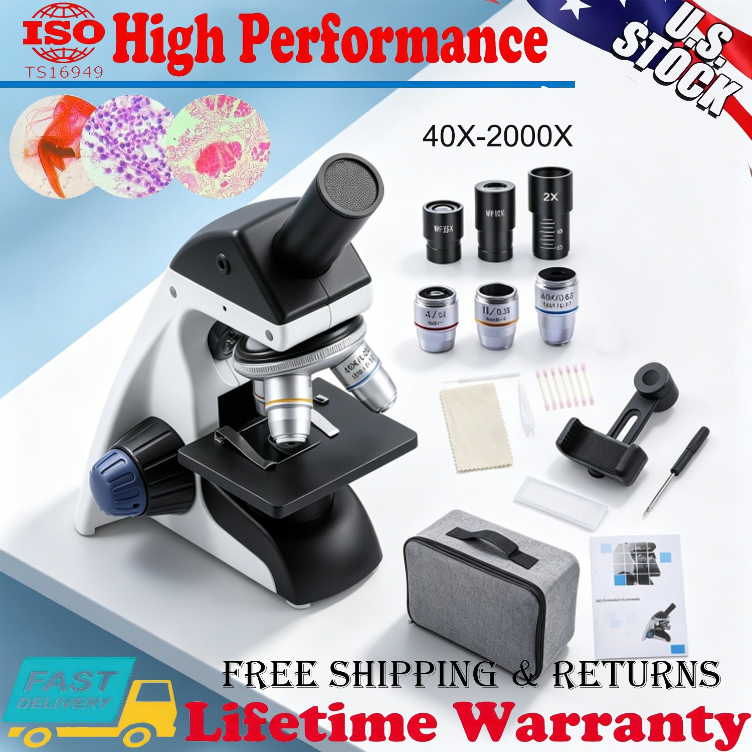Professional Monocular Compound Microscope Kit 40-2000X Magnification