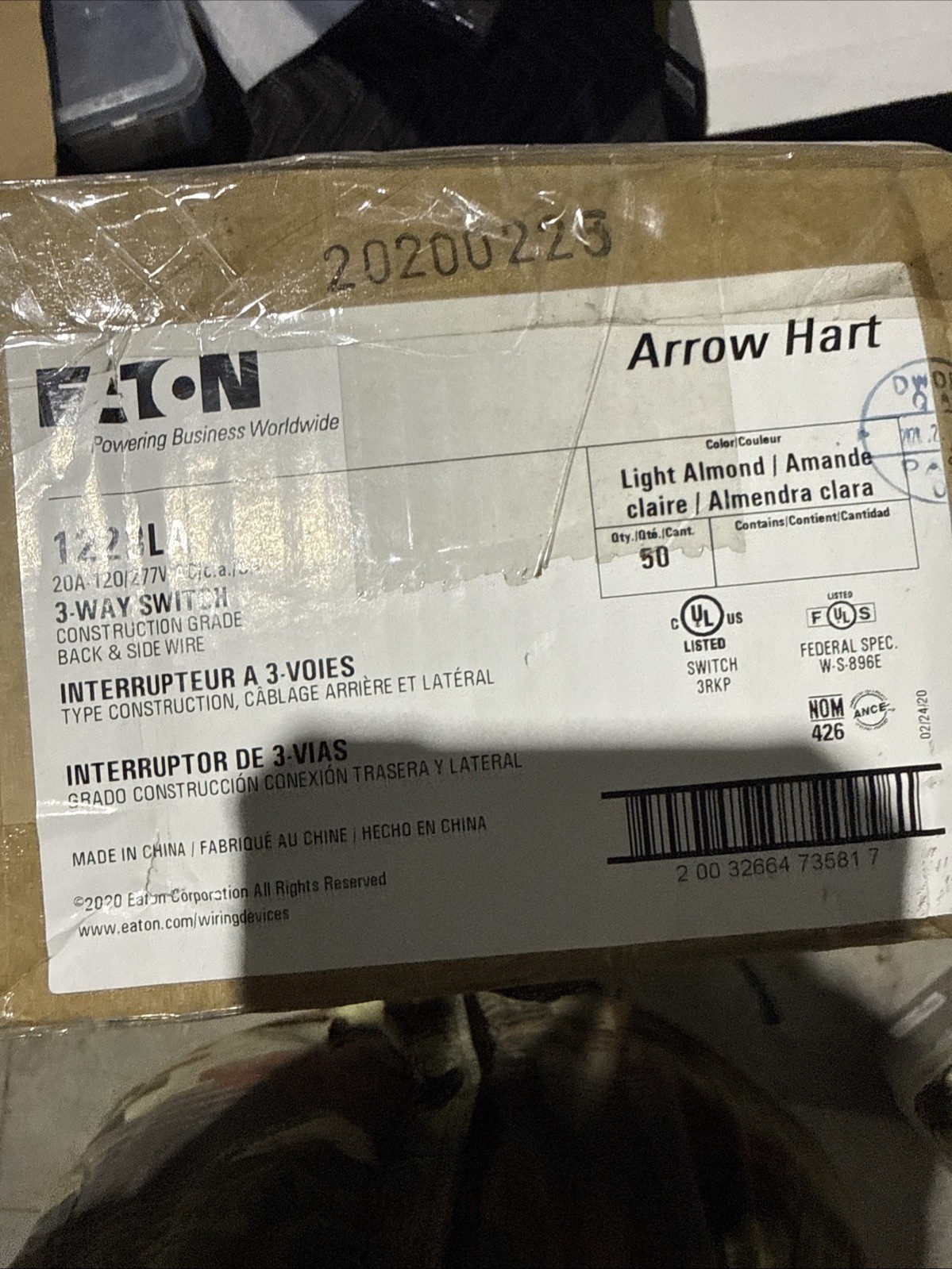 50pc Eaton Arrow Hart 1223LA 3-Way Switch 20A 120/277V Light Almond Const Grade