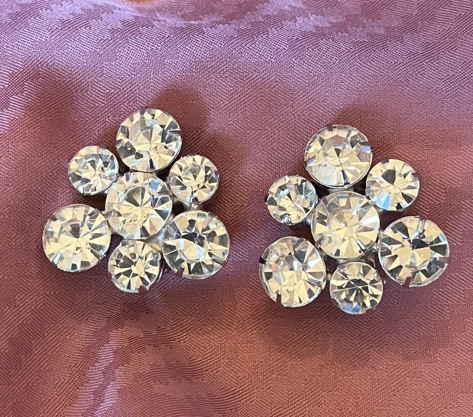 Two Pair Mid Century Clear Rhinestone Statement Earrings