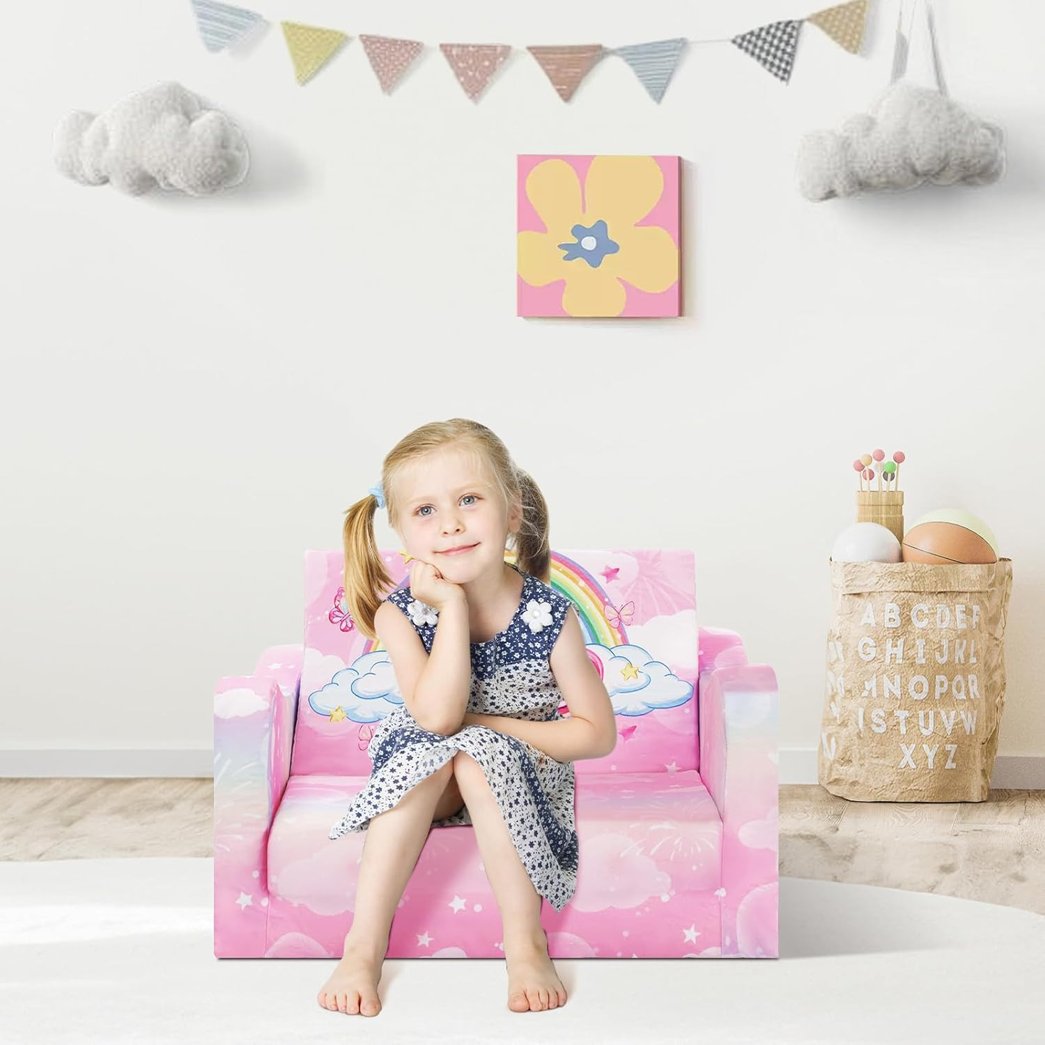 Comfy Kids Couch, 2-In-1 Folding Kids Sofa Bed for Toddler Girls, Convertible So