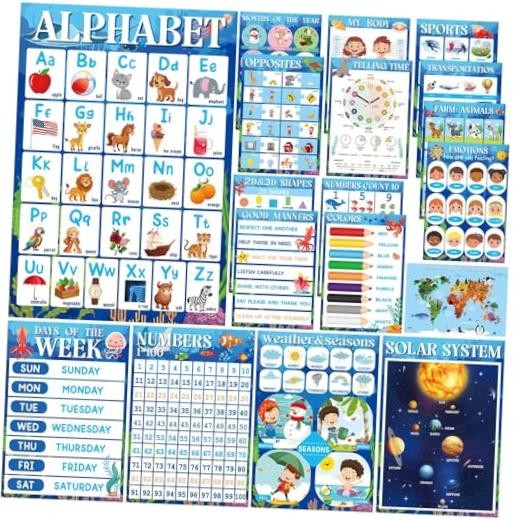 18 Pcs Educational Posters for Classroom, Laminated Preschool Learning Ocean