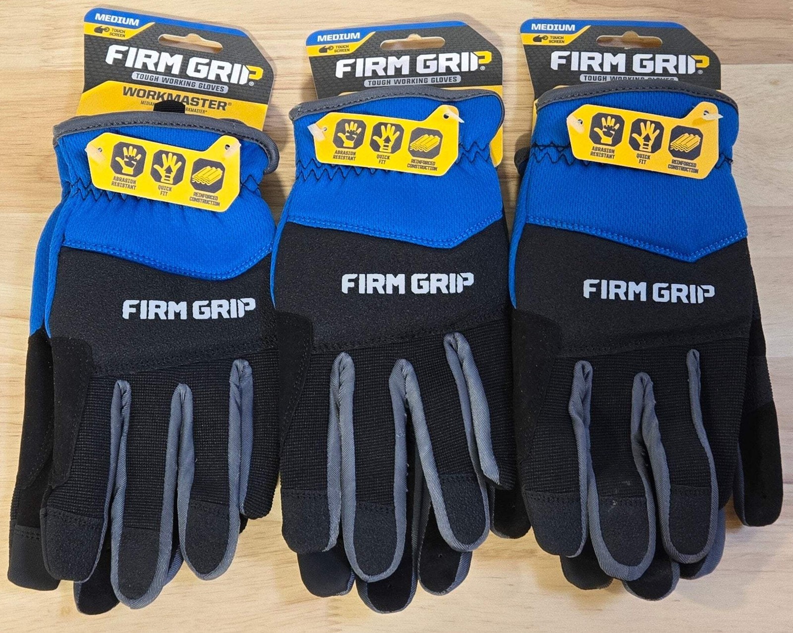 FIRM GRIP Medium Workmaster Work Gloves Lot of 3x pairs Blue Black Outdoor