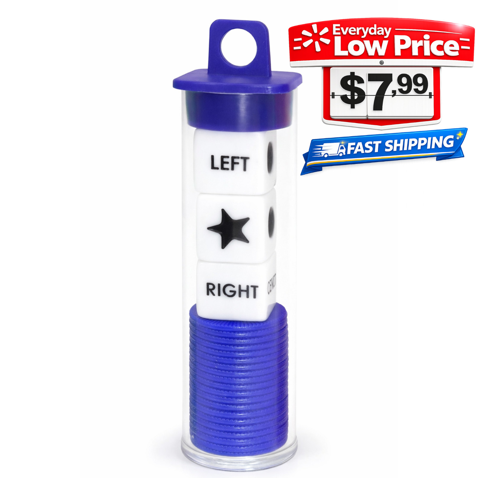 Left Right Center Dice Game Set 3 Dice 36 Chips Travel Tube Fun Party