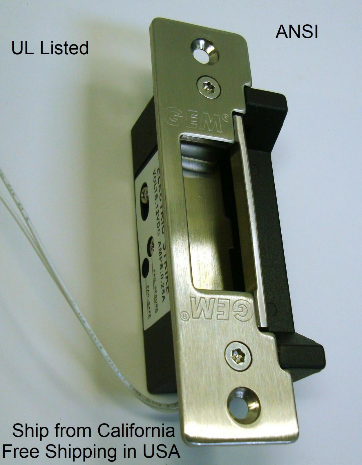 GEM GK300 Electric Door Strike 12VDC ANSI, UL Listed, Mortise Mount. NO/NC US32D