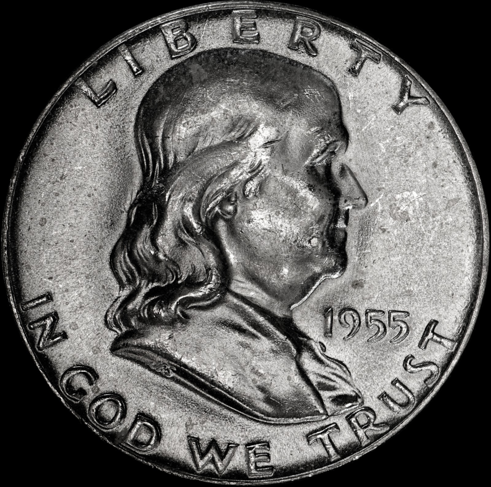 1955 Franklin Half Dollar Silver Uncirculated, Four Clash Marks, As Shown, 737