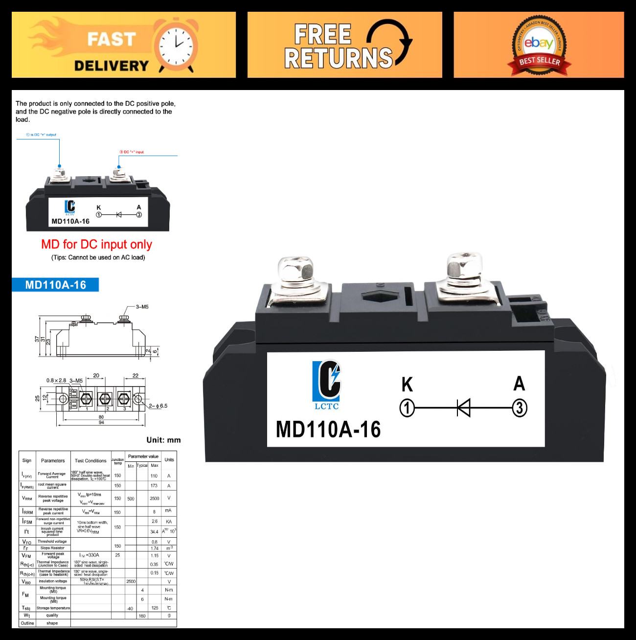 High-Efficiency Solar Diode 110A Anti-Reverse for Photovoltaics & Automotive 12V