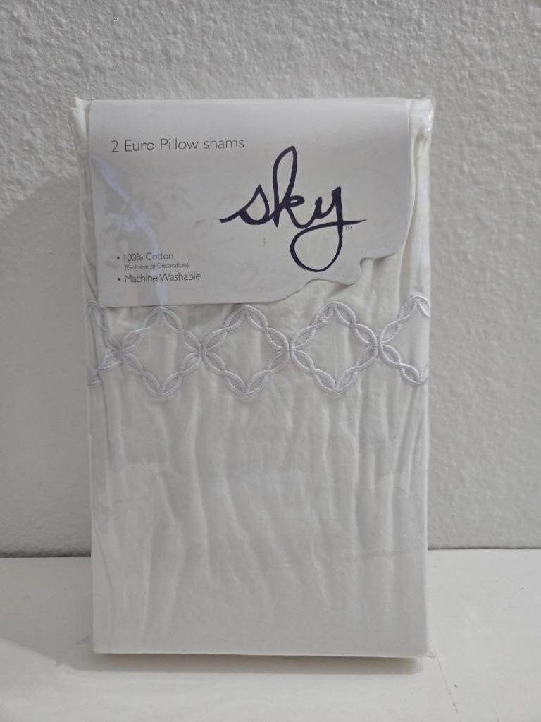 Sky Embroidered Percale Euro Shams Pair White