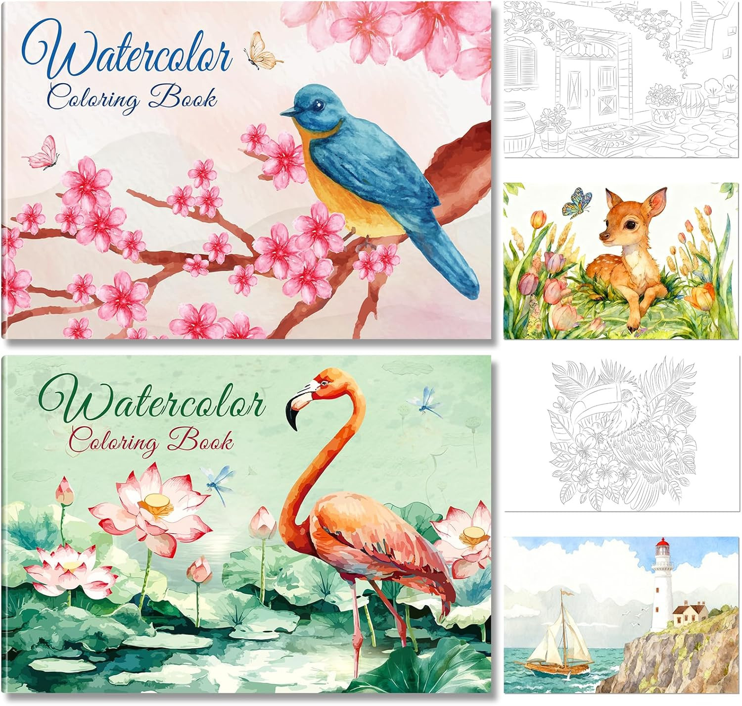 2 Pack Watercolor Coloring Book for Adults, 9 * 6.5 inches | Portable Lay-Flat D