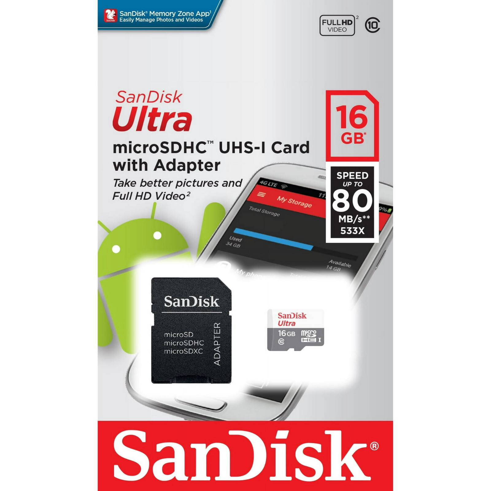 SanDisk Ultra 16GB microSDXC microSDHC MicroSD UHS-I Flash Memory - Camera/Phone