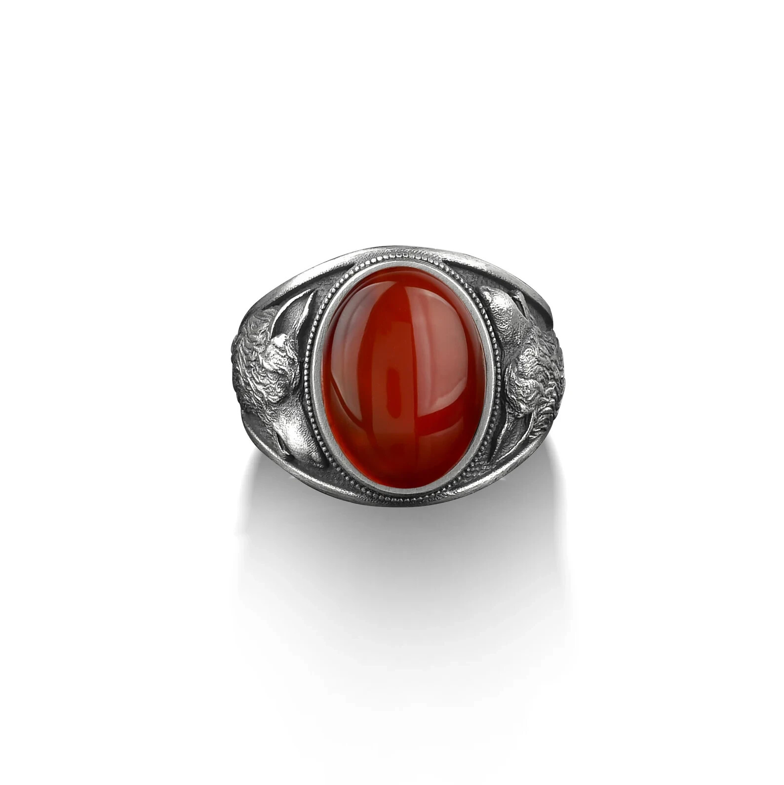 Solid 925 Sterling Silver Natural Red Carnelian Gemstone Howling wolf Men's Ring
