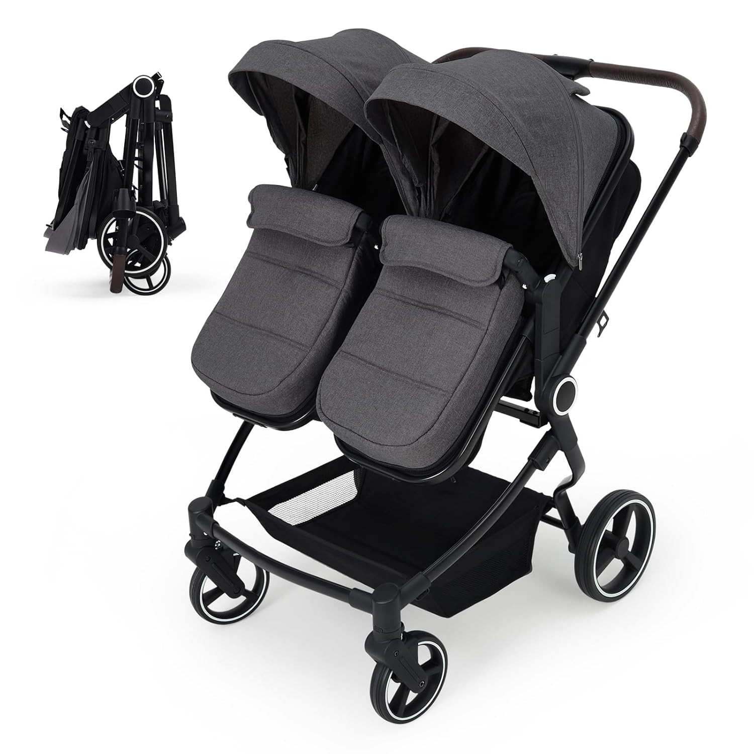 Aluminum Frame Twin Stroller, 5-Point Harness, Adjustable Backrest & All-Weather