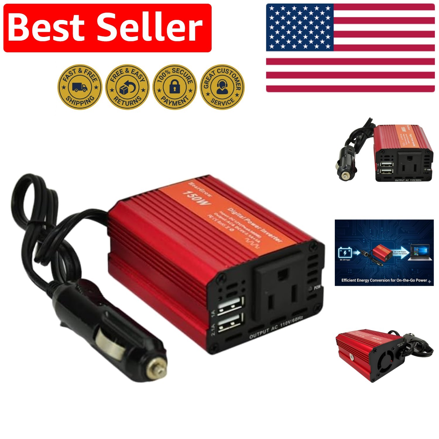 Red 150W Car Power Inverter with Dual USB Ports & Cooling Fan - Power on the Go