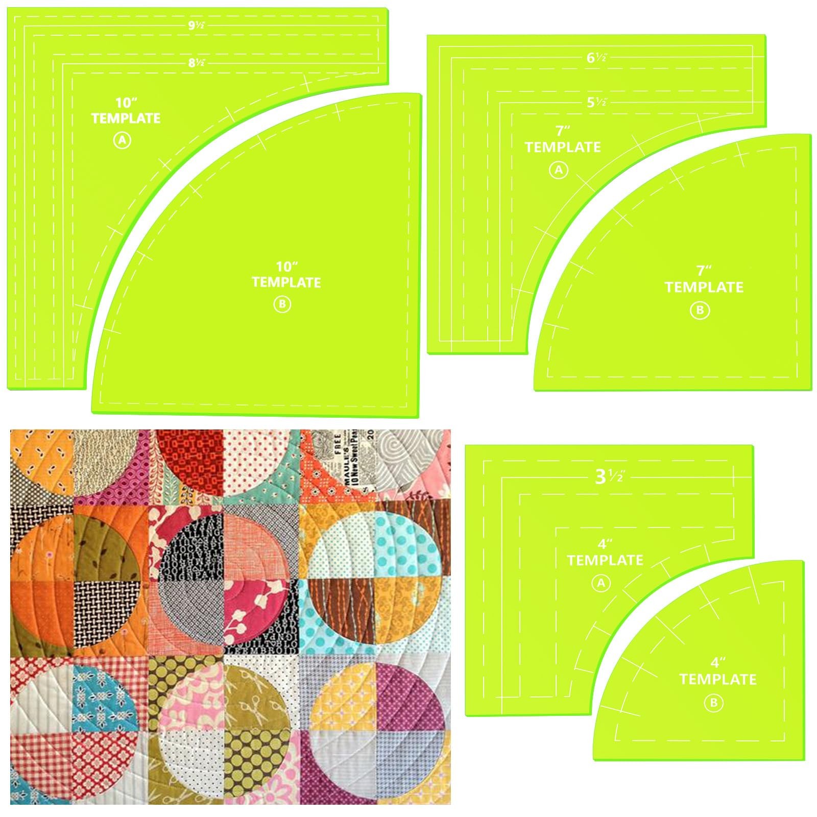 3 PCS Drunkards Path Quilting Template Ruler Set Green 10/7/4 Inch