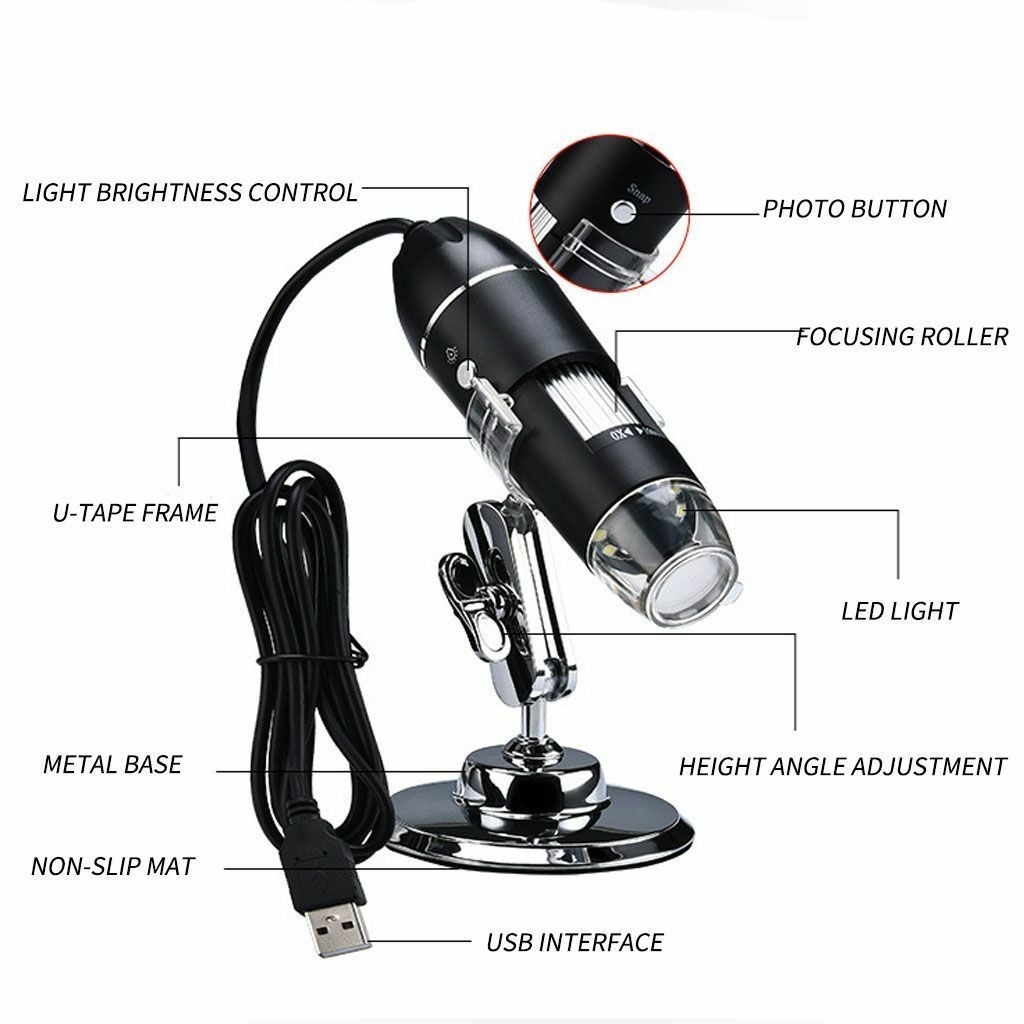 8LED 1000X 3MP USB Digital Microscope Endoscope Magnifier Camera w/ Stand Black