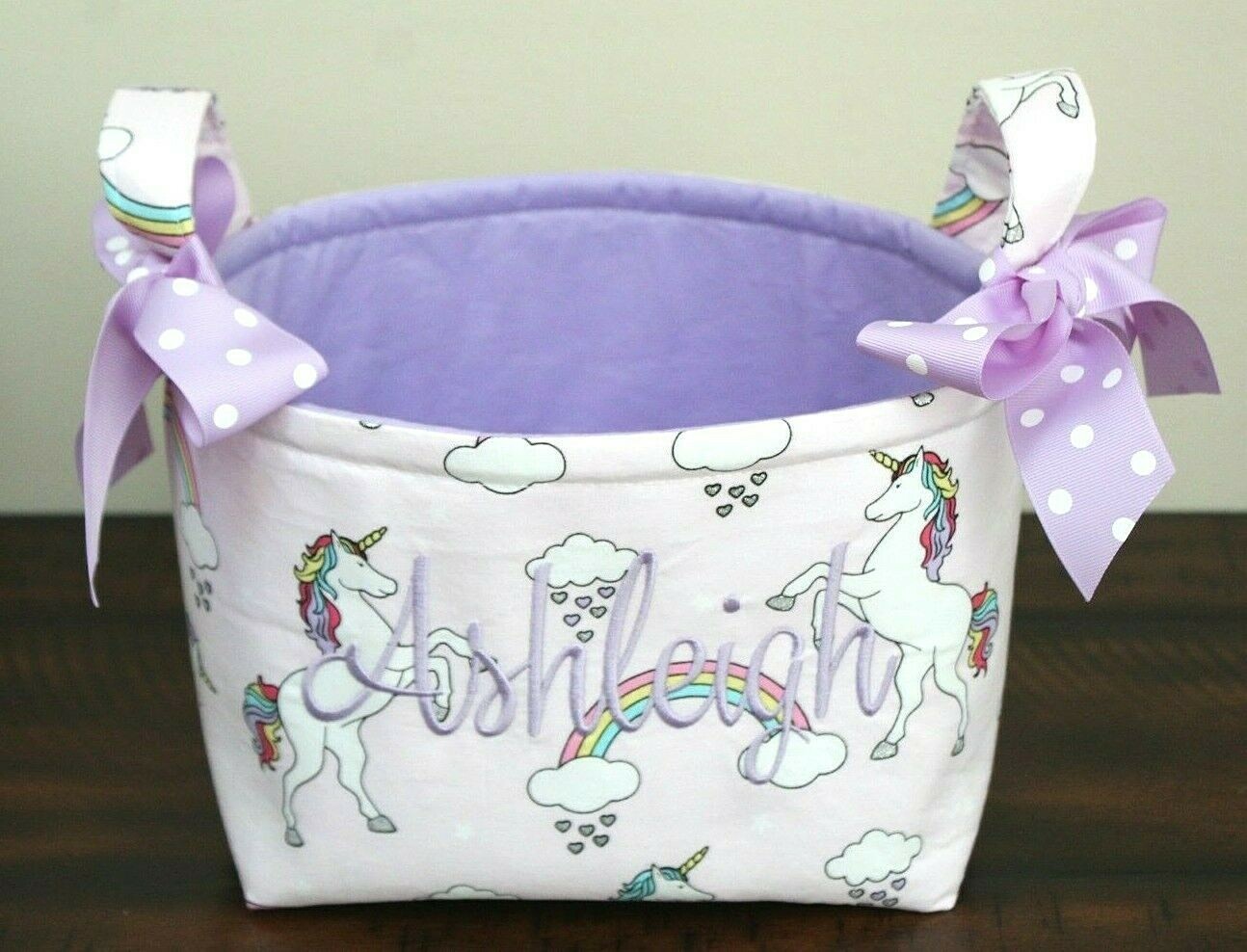 New UNICORN FABRIC BASKET Organizer Caddy Bin Purple Bows "Ashleigh" Monogram