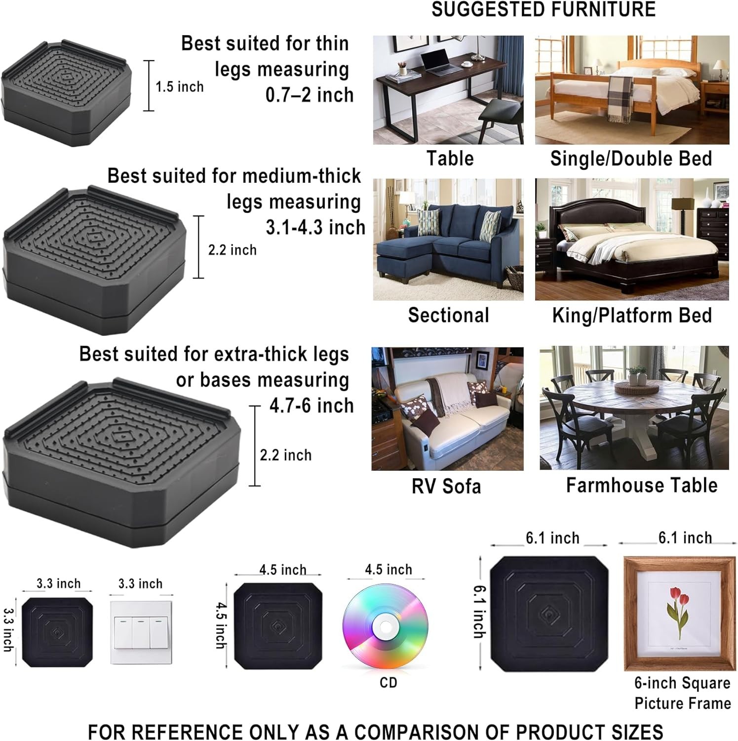 Heavy-Duty Rectangular Bed Risers - Adjustable 3 to 4.3 Inches - Space Enhancer