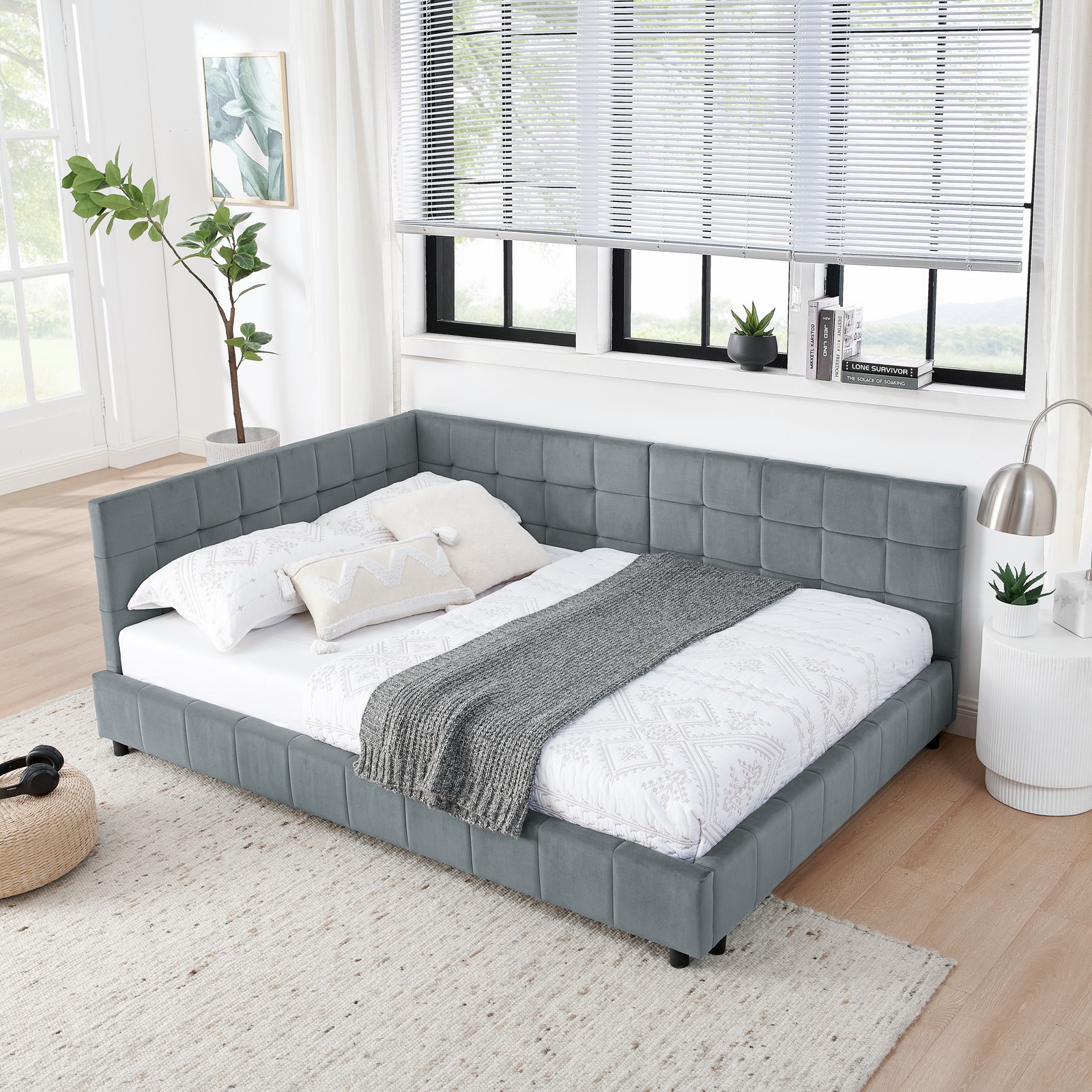 Full Size Upholstered Tufted Bed Frame, Sofa Bed Frame with Comfortable Backres