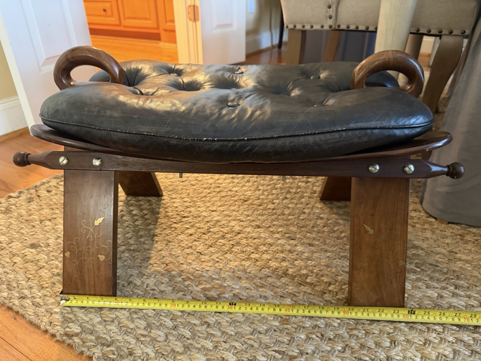Vintage Camel Saddle Stool Ottoman Leather & Wood w/ Handles – Moroccan Style