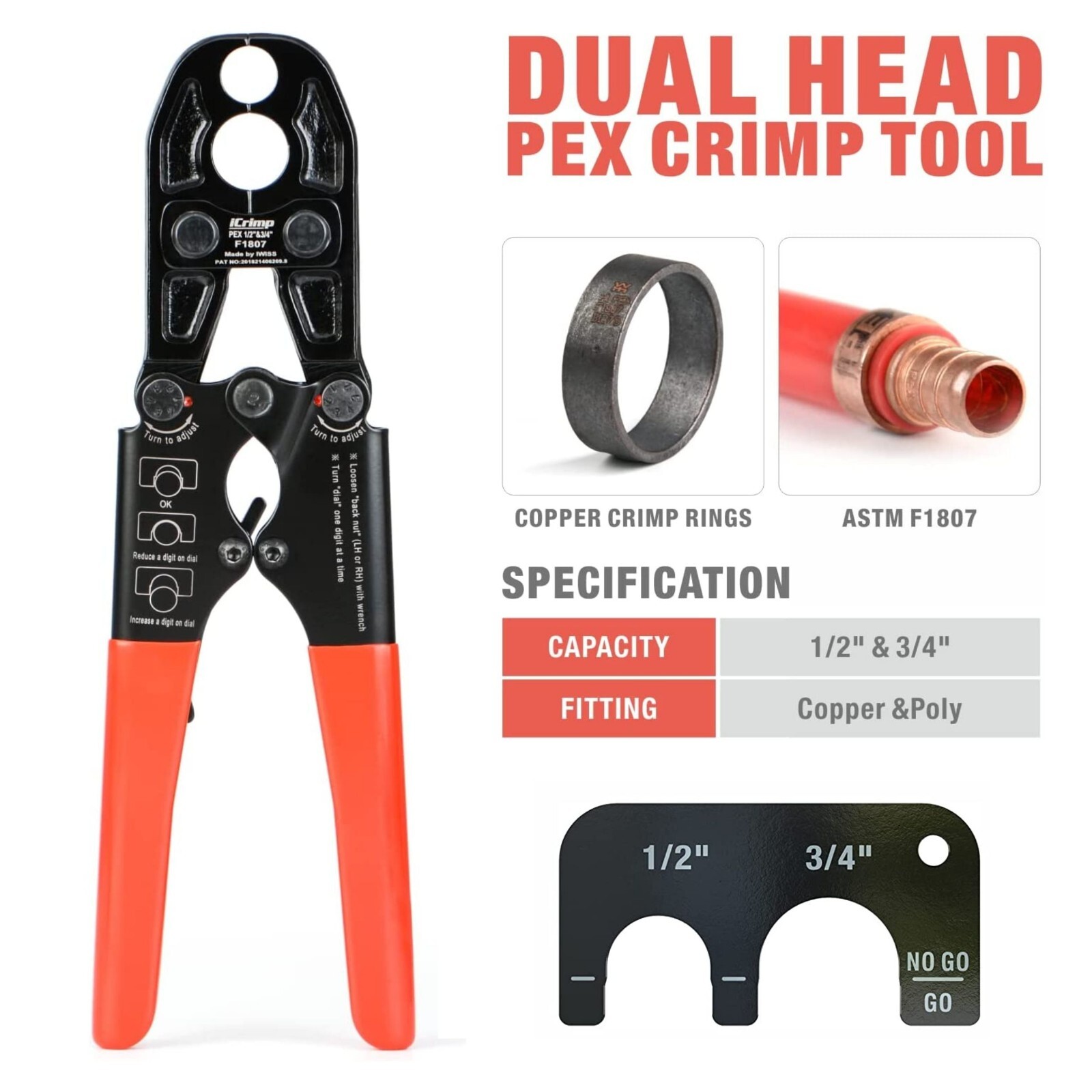 PEX Pipe Crimping Tool 1/2" & 3/4" w/ No Go Gauge for Copper Ring Plumbing Work