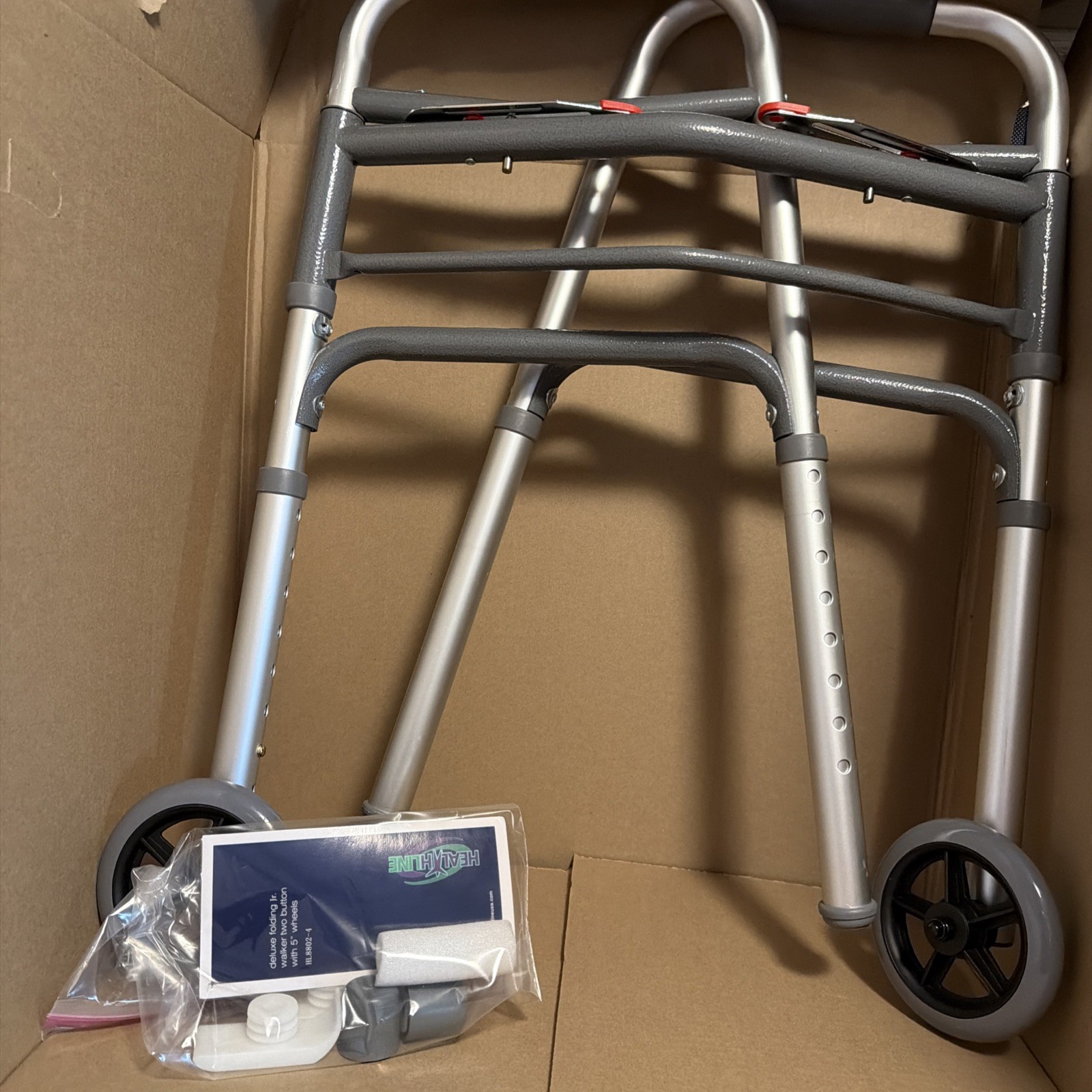 HEALTHLINE Junior Folding Walker Lightweight Deluxe 2 Button 5inch Wheels  NEW