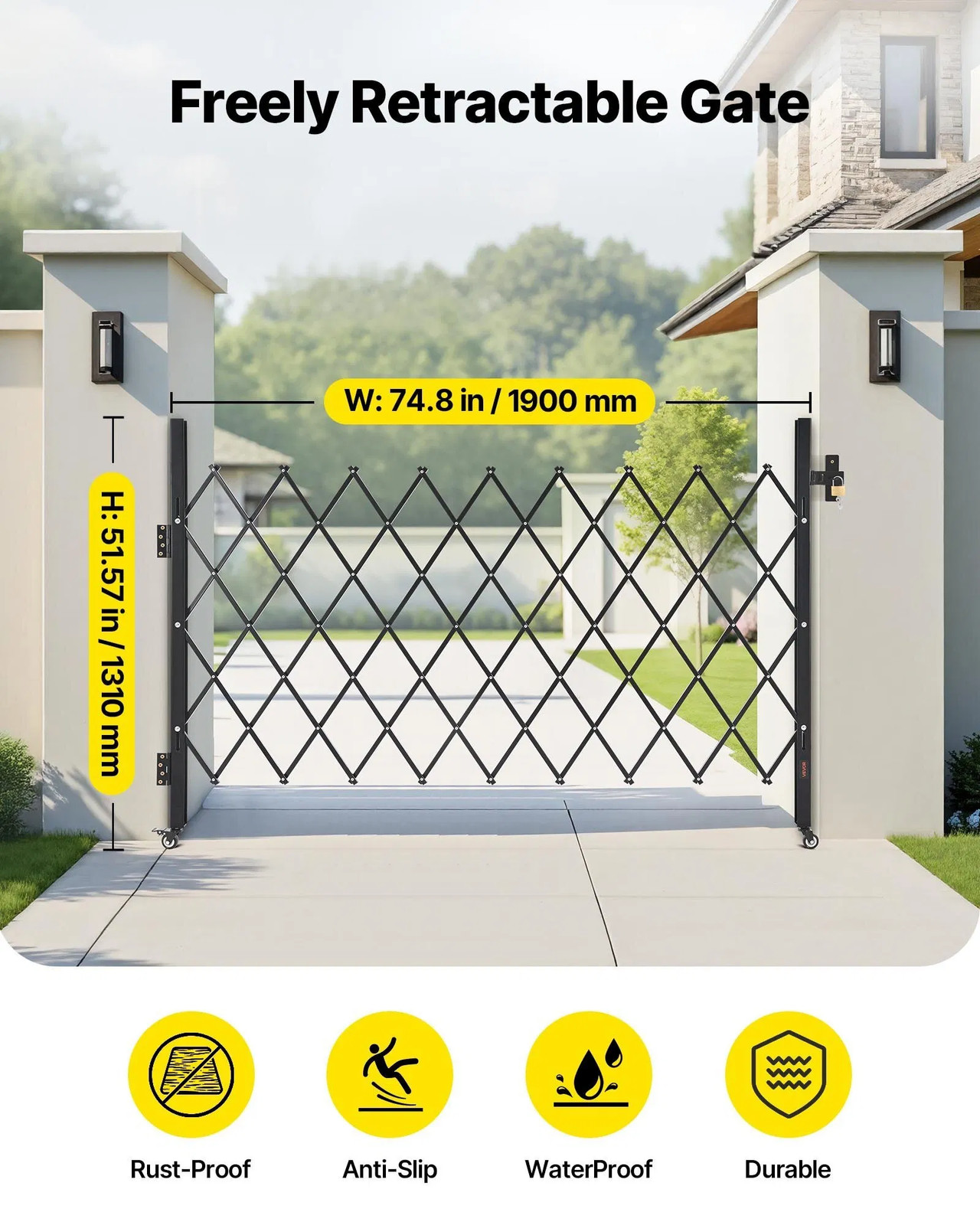 Single Folding Security Gate, Lockable Scissor Gate with 360?° Swivel Caster