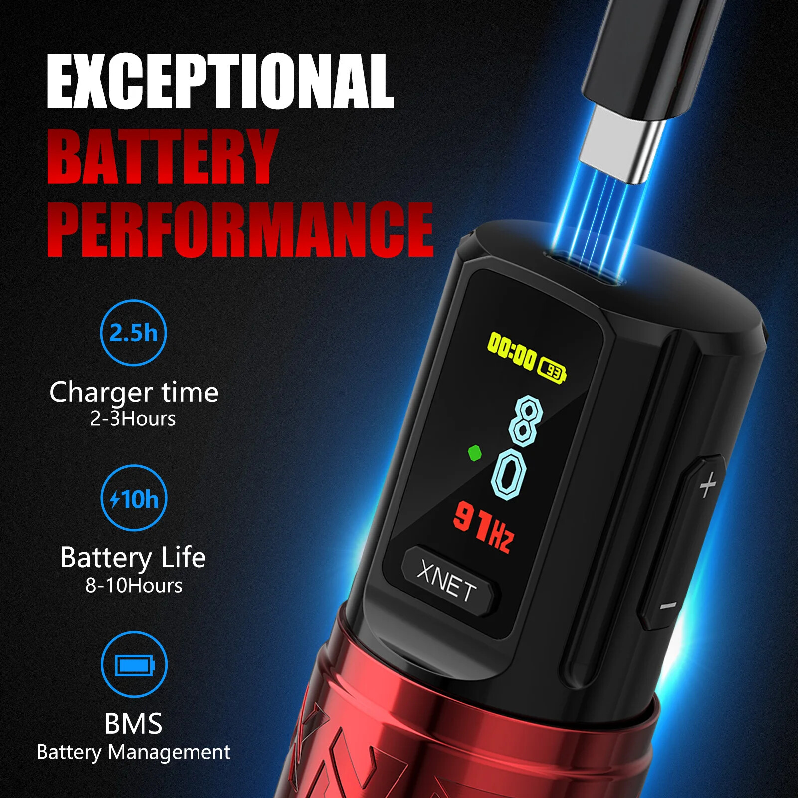 Wireless Tattoo Machine Pen Kit Adjustable Stroke 2.4-4.2mm OLED Display 40pcs
