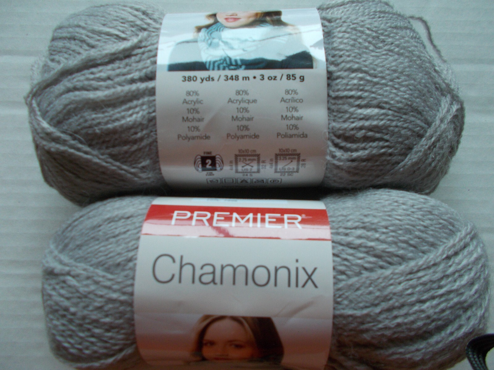 Premier Chamonix mohair blend yarn, Misty Gray, lot of 2 (380 yds each)