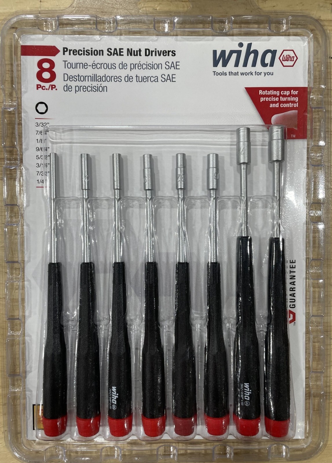 Wiha 26591 Nutdriver Set, Precision SAE, 8-Piece, 3/32" to 1/4", Softfinish