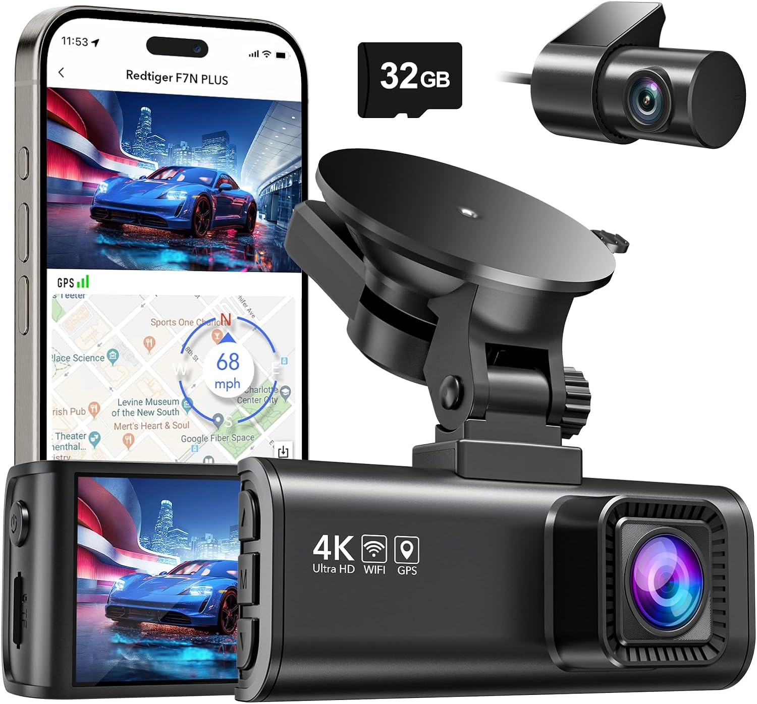 Dash Cam Car Front Rear 4K 2.5K with GPS WiFi Dash Cam Camera 318" IPS Screen Protector