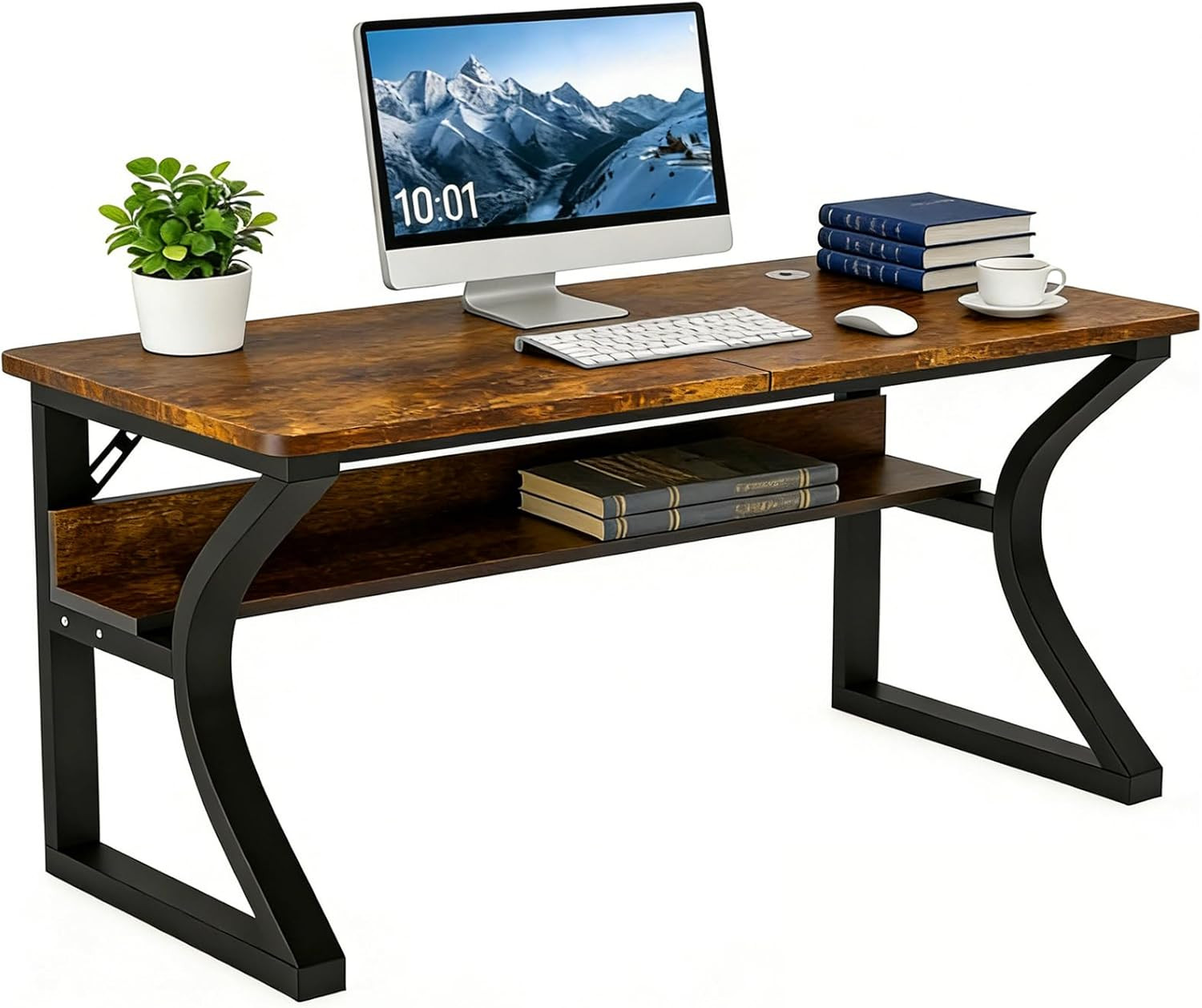 47 Inch Computer Desk, Home Office Desk with Storage Shelf, Sturdy U-Shaped Meta