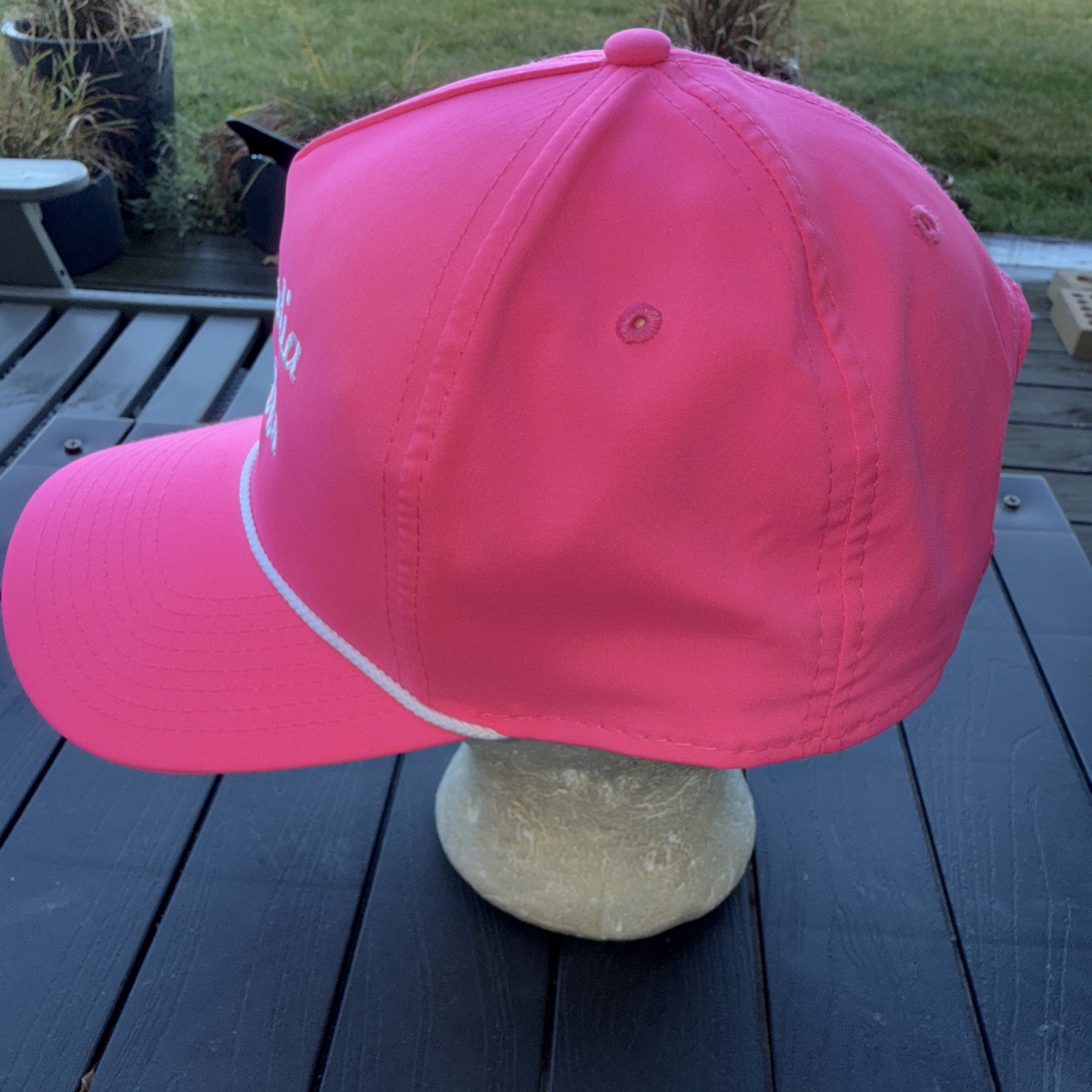 Arcadia Bluffs in White Script w Rope on Bright Pink Polyester Hat Cap SnapBack