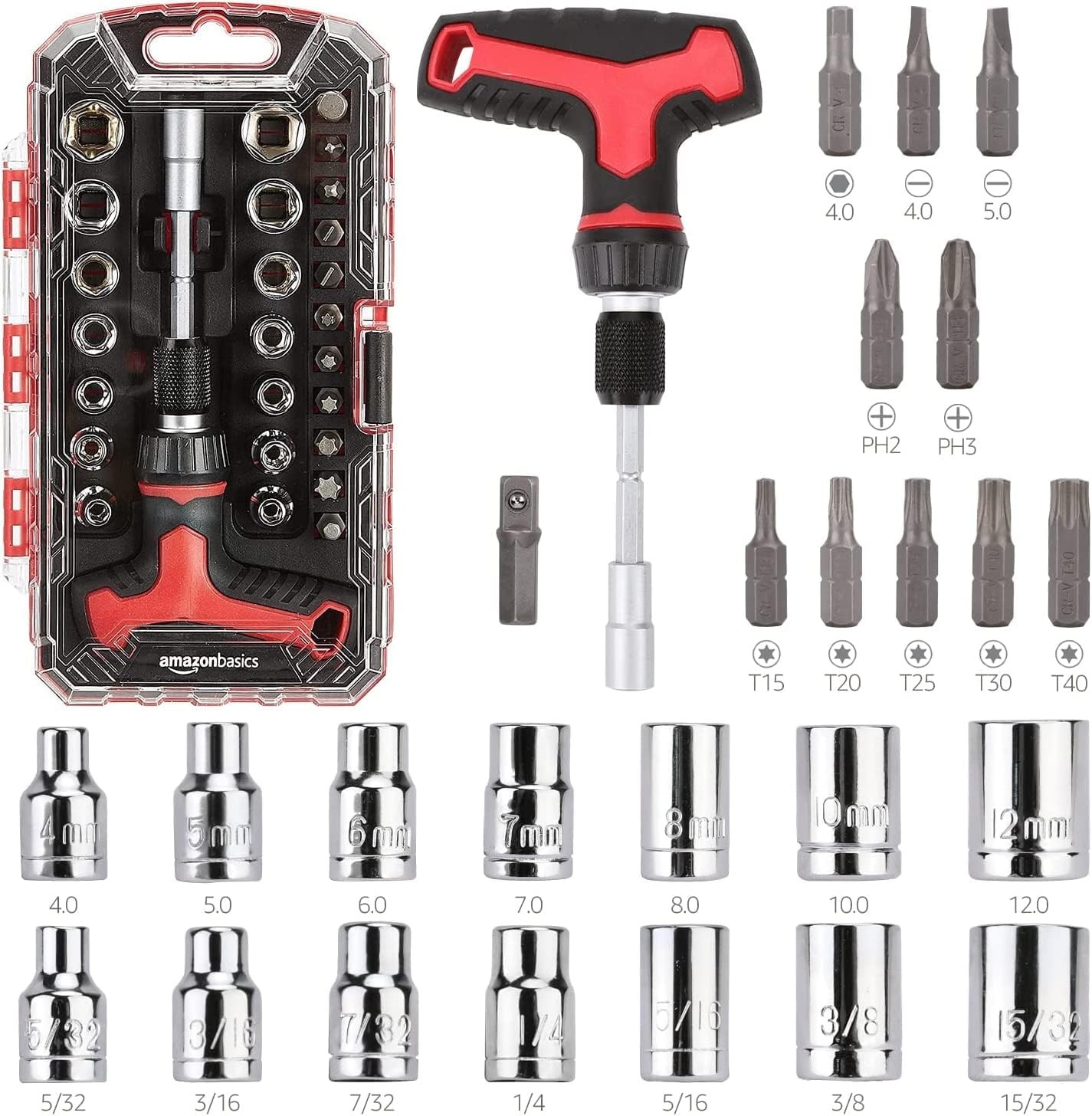 Amazon Basics 27-Pc Ratchet Screwdriver & Socket Set, T-Handle