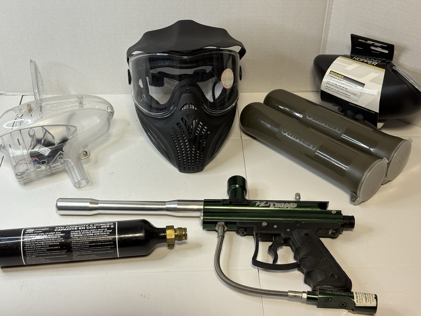 Paintball Gun Bundle, Viewloader VL Triad Marker Semi Auto, Helmet, Hopper, Pods